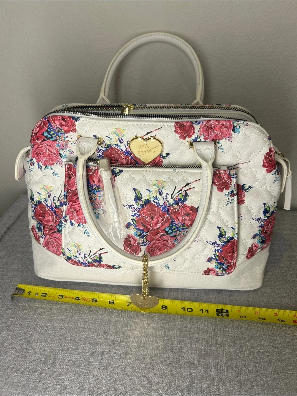 Betsey Johnson White Quilted Satchel with Pink Floral Pattern
